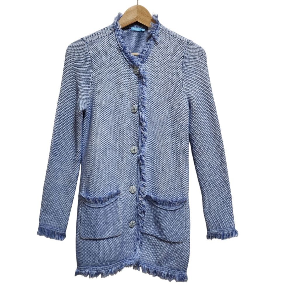 J McLaughlin Blue Knit Button Fringe Longline Lexa Cardigan Sweater Womens XS